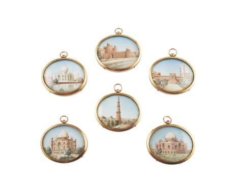 SET OF SIX INDIAN COMPANY SCHOOL MINIATURES  19TH CENTURY   on ivory, of oval form in gilt metal frames with labels to verso,