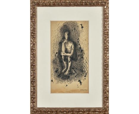 PAVEL TCHELITCHEW (RUSSIAN 1898-1957)  STUDY OF A SEATED FIGURE  signed, pen and ink on buff paper  42cm x 22cm (16.5in x 8.5