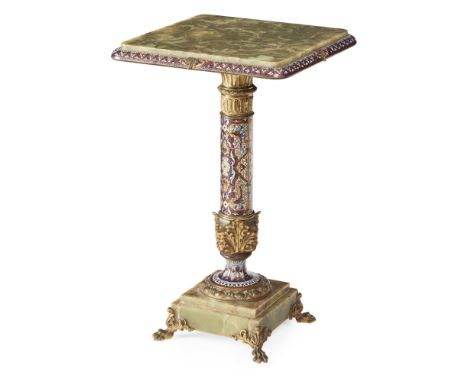 FRENCH GREEN ONYX, GILT BRONZE AND CHAMPLEVÉ ENAMEL TABLE  LATE 19TH/ EARLY 20TH CENTURY   the rounded square onyx top with a