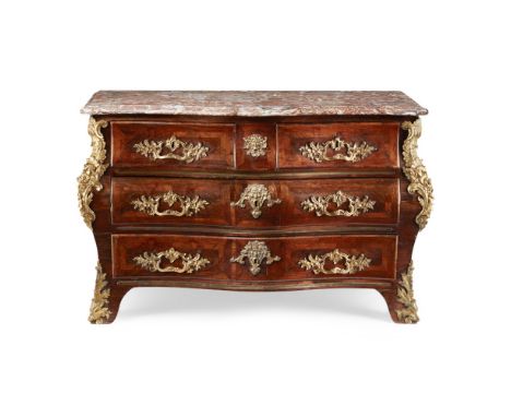 LOUIS XV KINGWOOD AND PARQUETRY MARBLE TOP SERPENTINE BOMBE COMMODE  CIRCA 1730   the serpentine breche violette marble top w