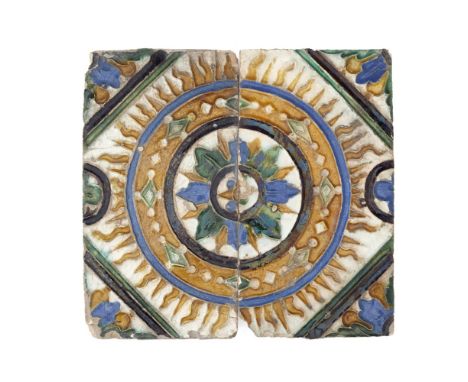 GROUP OF SPANISH GLAZED ARISTA CEILING TILES (DE DOS POR TABLA)  SEVILLE, 1525-1575   glazed in yellow/honey-brown, black, bl