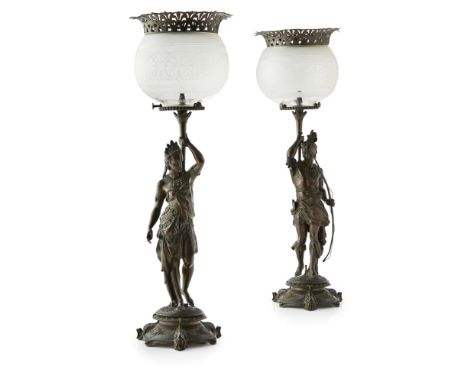 PAIR OF VICTORIAN PATINATED BRONZE FIGURAL GAS LAMPS, BY R.W. WINFIELD & CO., BIRMINGHAM  DATED MARCH 1866   the original aci