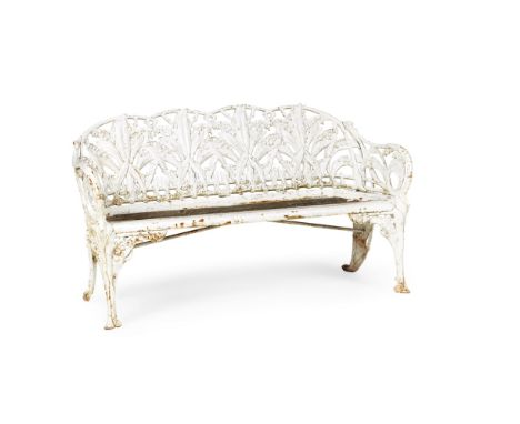 COALBROOKDALE 'LILY OF THE VALLEY' PATTERN CAST IRON BENCH  19TH CENTURY   painted white, with a wood slat seat, with registr