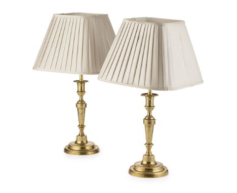 PAIR OF LOUIS XVI GILT METAL CANDLESTICK LAMPS  LATE 18TH CENTURY   the urn-form candle nozzles above tapered reeded columns 