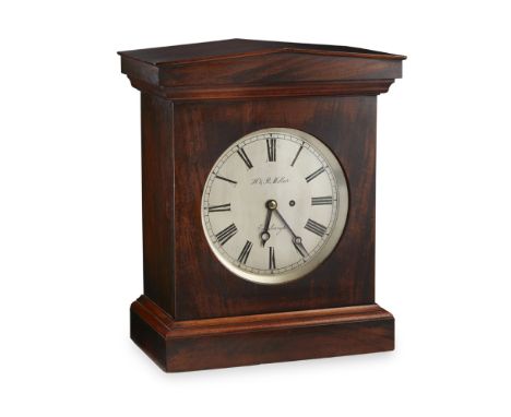 WILLIAM IV MAHOGANY LIBRARY CLOCK, SIGNED H. & R. MILLAR, EDINBURGH  EARLY 19TH CENTURY   the moulded pediment above a signed