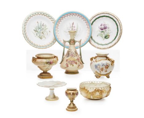 NINE PIECES OF ROYAL WORCESTER PORCELAIN  LATE 19TH-20TH CENTURY   comprising a low ogee shaped vase decorated with flowers, 