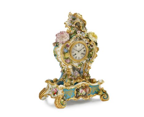 FRENCH JACOB PETIT PORCELAIN FLOWER ENCRUSTED MANTEL CLOCK AND STAND  19TH CENTURY   the silvered engine turned Roman numeral