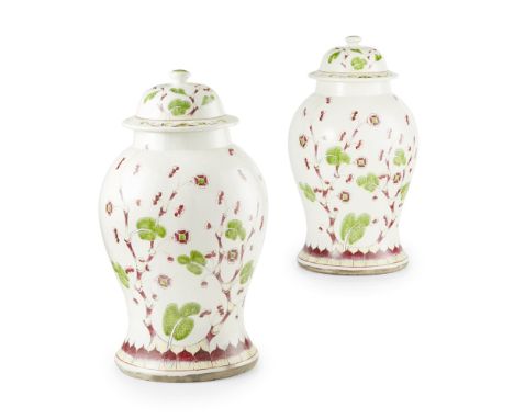 PAIR OF DELFTWARE BALUSTER JARS AND COVERS  MODERN  with knop finials above domed covers and baluster bodies, decorated with 
