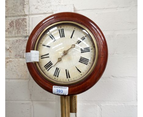 An unusually small 19th century mahogany "Postman's alarm" wall clock with twin weight, striking on bell diameter 9" 