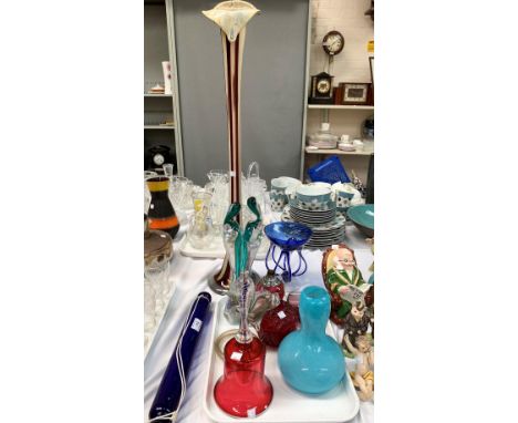 A 19th century Bristol Blue glass rolling pin; a large cranberry bell, Art Glass and other coloured glassware 