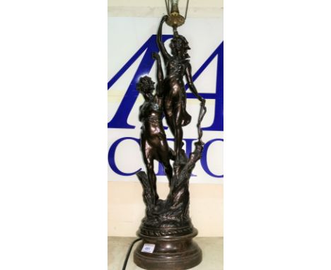 A 19th century bronzed spelter group of 2 figures converted to a table lamp {1 arm a.f}