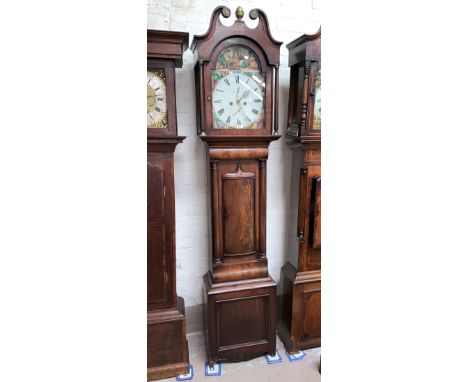 An early 19th century mahogany cased Scottish long case clock with swan neck pediment and turned columns to the hood, moulded