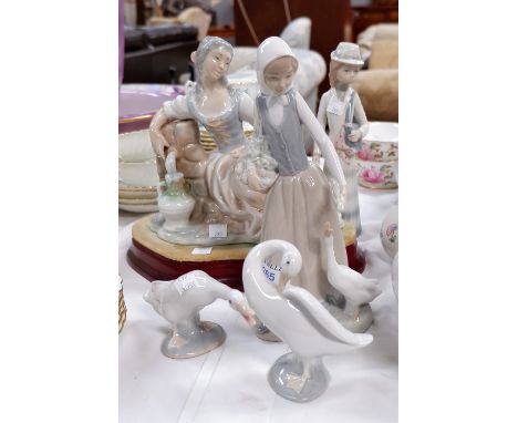 A Nao girl, 2 Lladro geese and 2 similar figures 