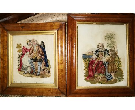 A 19th century tapestry picture of a seated man and woman, another, both framed and glazed