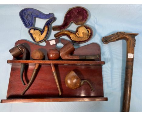 A 19th century brass bound walnut lap desk with fitted interior, a pipe rack and pipes, an oriental walking stick with carved