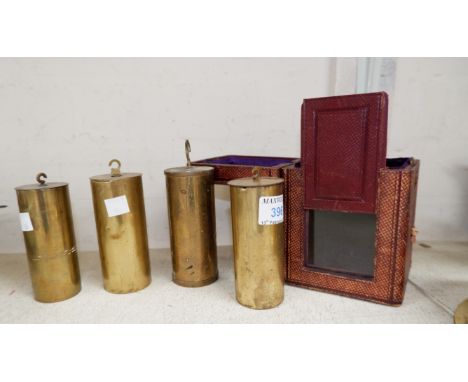 A leather outer case for a carriage clock; 4 brass cased Vienna wallclock weights 