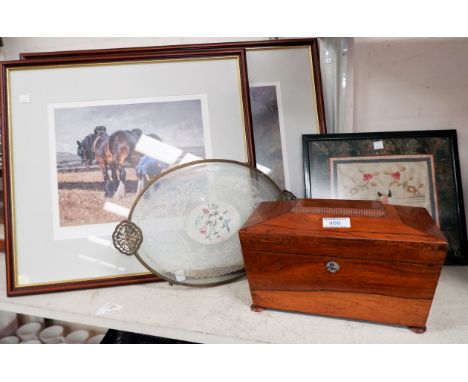 An early 19th century rosewood sarcophagus shaped tea caddy (no interior), a pair of artist signed limited edition prints, fa
