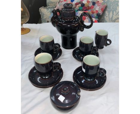 A stylish Denby stoneware coffee set with 4 cups and saucers and a 1920's pottery jug and bowl set (a/f) 
