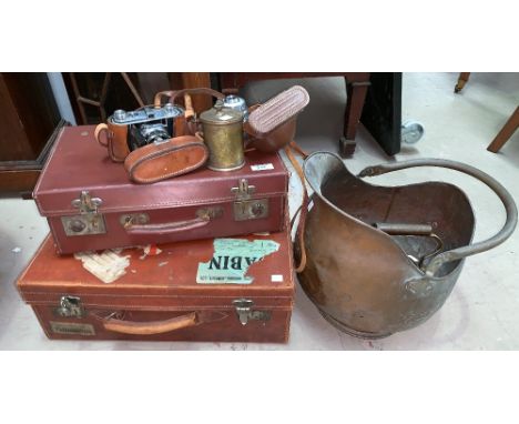 Two leather covered suitcases, a 4 piece ebony dressing table set, an inlaid box, coal scuttle, kettle etc        including 2