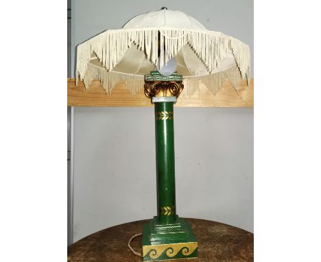 A painted metal Corinthian column table lamp with a silk shade