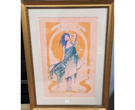 Marc Grimshaw  A mixed media portrait of a lady in the Mucha style, signed, framed and glazed 
