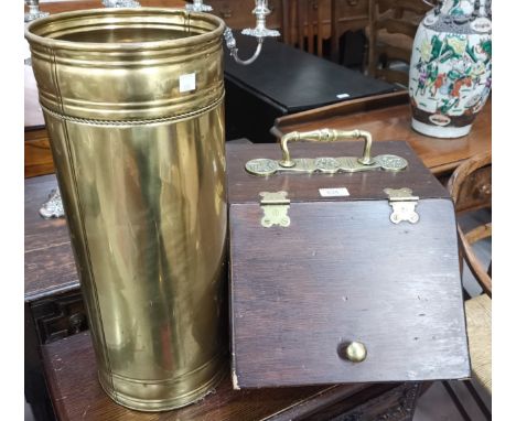A brass mounted fall front coal box; a smokers stand; a brass stick stand and a reproduction brass fire screen 