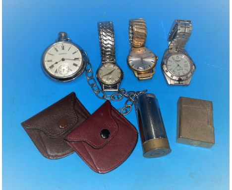 An Ingersoll pocket watch, 3 wristwatches by Montine, Renel &amp; Sekonda, a £1 coin saver, a Dupont lighter, 2 leather purse