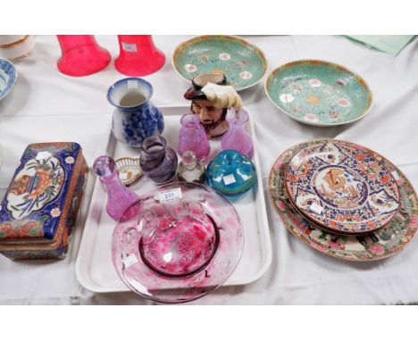 A selection of Mdina, Caithness and other coloured glassware, a pair of mid 20th century Chinese famille verte dishes, modern