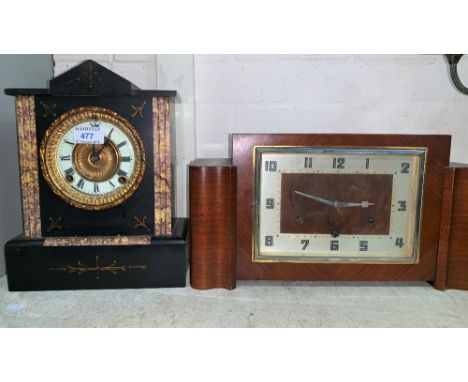 A 19th century mantel clock in black/variegated marble case, French striking movement, an Art Deco walnut chiming mantel cloc