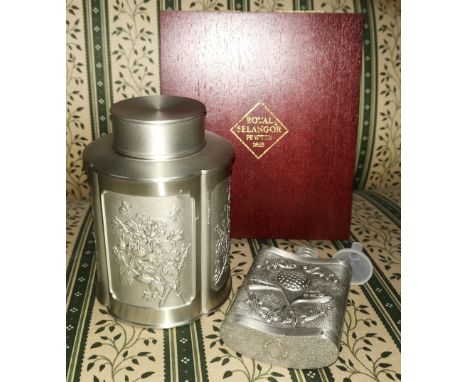 A presentation cased Royal Selangor pewter Japanese tea storage canister and a similar pewter hip flask