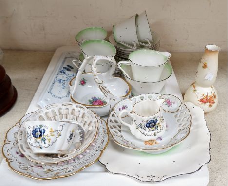 A Bell China Art Deco polka dot 21 piece tea service; Dresden style dishes, Royal Doulton and other decorative plates 