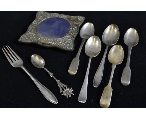 Five HM silver teaspoons & a HM silver small fork, gross weight 152 grams, together with a HM silver photo frame & a white me