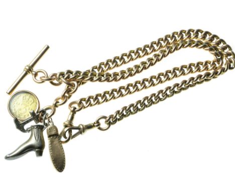 9ct gold T-bar & chain with 9ct gold & white metal charms, each chain link stamped '9C', circumference 425mm, gross weight 36