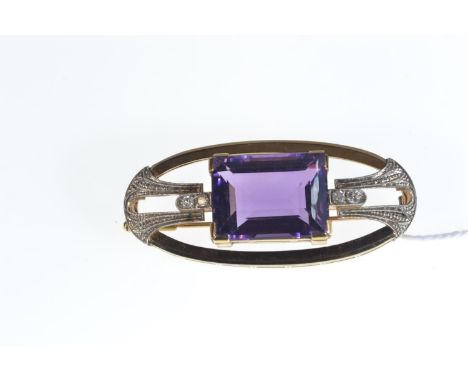 Art Deco style gold, approx. 20 carat amethyst & diamond brooch, gold marks worn but tests positive for 9ct gold, width 52mm,