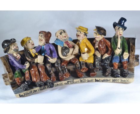 Runnaford Pottery Will Young seven bench figural group, titled 'Bill Brewer, Jan Stewer, Peter Gurney, Uncle Tom Cobley, Pete