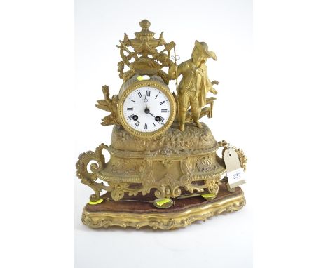 French style figural gilt mantle clock, with stand, pendulum & key, 35cm high including standSome repairs. 