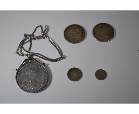 Maria Theresa silver thaler, 1780, in white metal mount with unmarked chain & Indian rupees, gross weight 69.9 grams 