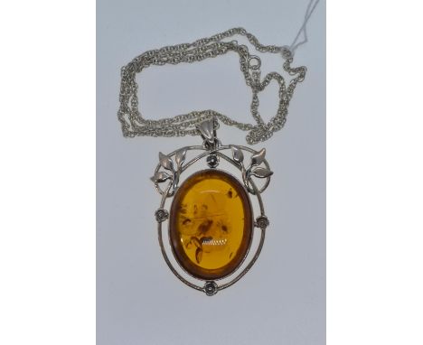 Silver & amber pendant & chain, pendant length including bale 67mm, chain circumference 505mm, gross weight 31.03 grams 