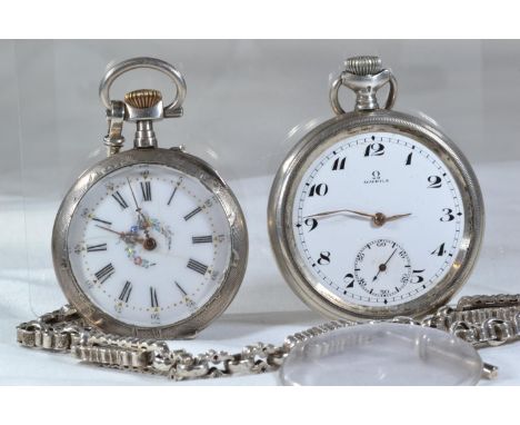 Victorian decorative pocket watch with silver HM albert chain and Omega pocket watch, both running 