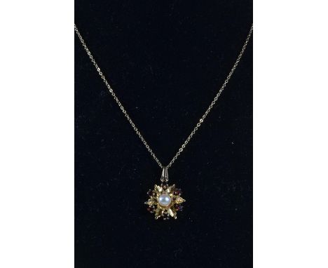 9ct gold, garnet & pearl pendant on 9ct gold chain, circumference 600mm, 4.61 grams 