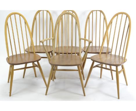 6 Ercol Windsor Quaker dining chairs. 5x model 365 1x model 365a. w61cm d55cm overall height 97cm. Seat height 43cm. Includes