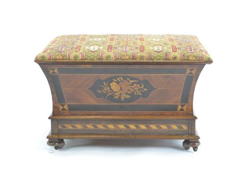 C19 sarcophagus shaped ottoman, with inlaid detail, lower drawer & tapestry top. W79cm d62cm h47cm 