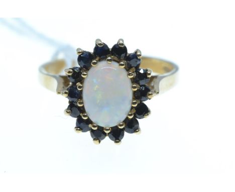 9ct gold, opal & sapphire cluster ring, size K, 2.59 grams 