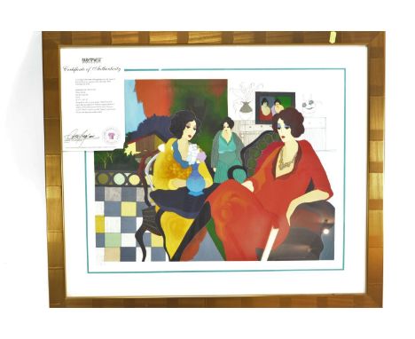 Itzchak Tarkay, signed ltd. serigraph 226/350, titled 'Early Morning Chat'. 77cm x 65cm inclusive of frame. 