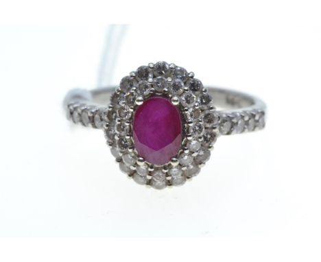 18ct white gold, ruby & diamond cluster ring, size R, 5.68 grams 