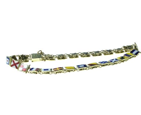 14ct gold & enamel nautical alphabet flag pennant link bracelet, 200mm long, 12 grams 