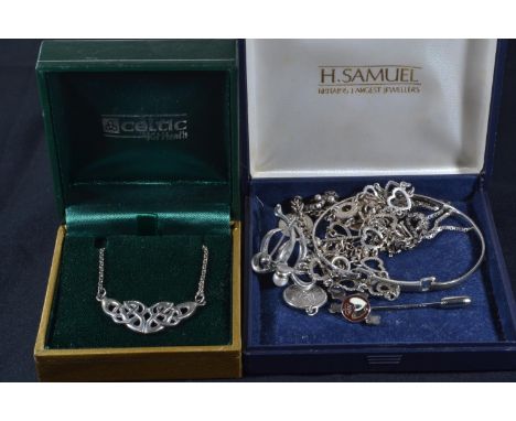 Silver jewellery, including diamond set bangle, Celtic design necklace, marcasite & cultured pearl brooch, five bracelets, an