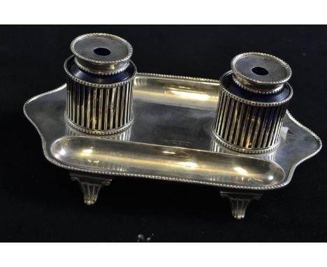 Edwardian silver inkstand, maker DWJW, London 1908, with blue glass inkwell liners, 19cm wide, silver gross weight 252 grams 