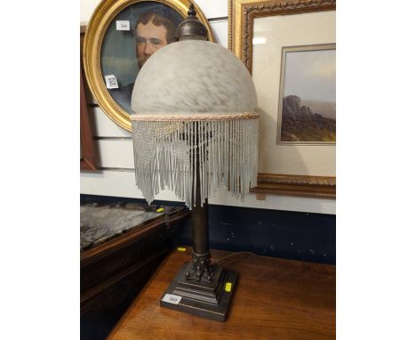 Art Deco style table lamp with cloud glass shade, glass beaded fringe and brass stepped base, 64cm height 