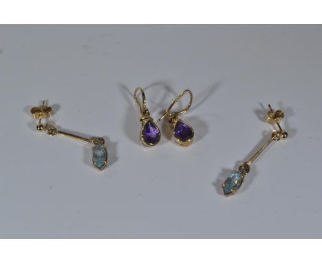 Two pairs of 9ct gold & gem set pendant earrings, set with amethyst & blue stone respectively, length 20mm & 32mm respectivel